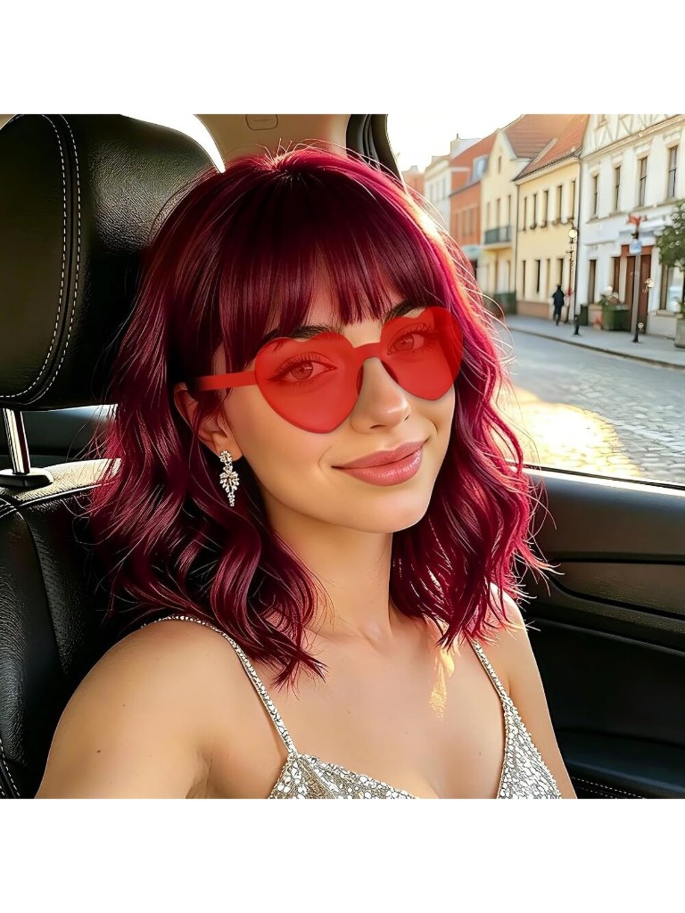 Women's Claret Curly Bob Synthetic Wigs Bangs With Neon Heart Sunglasses